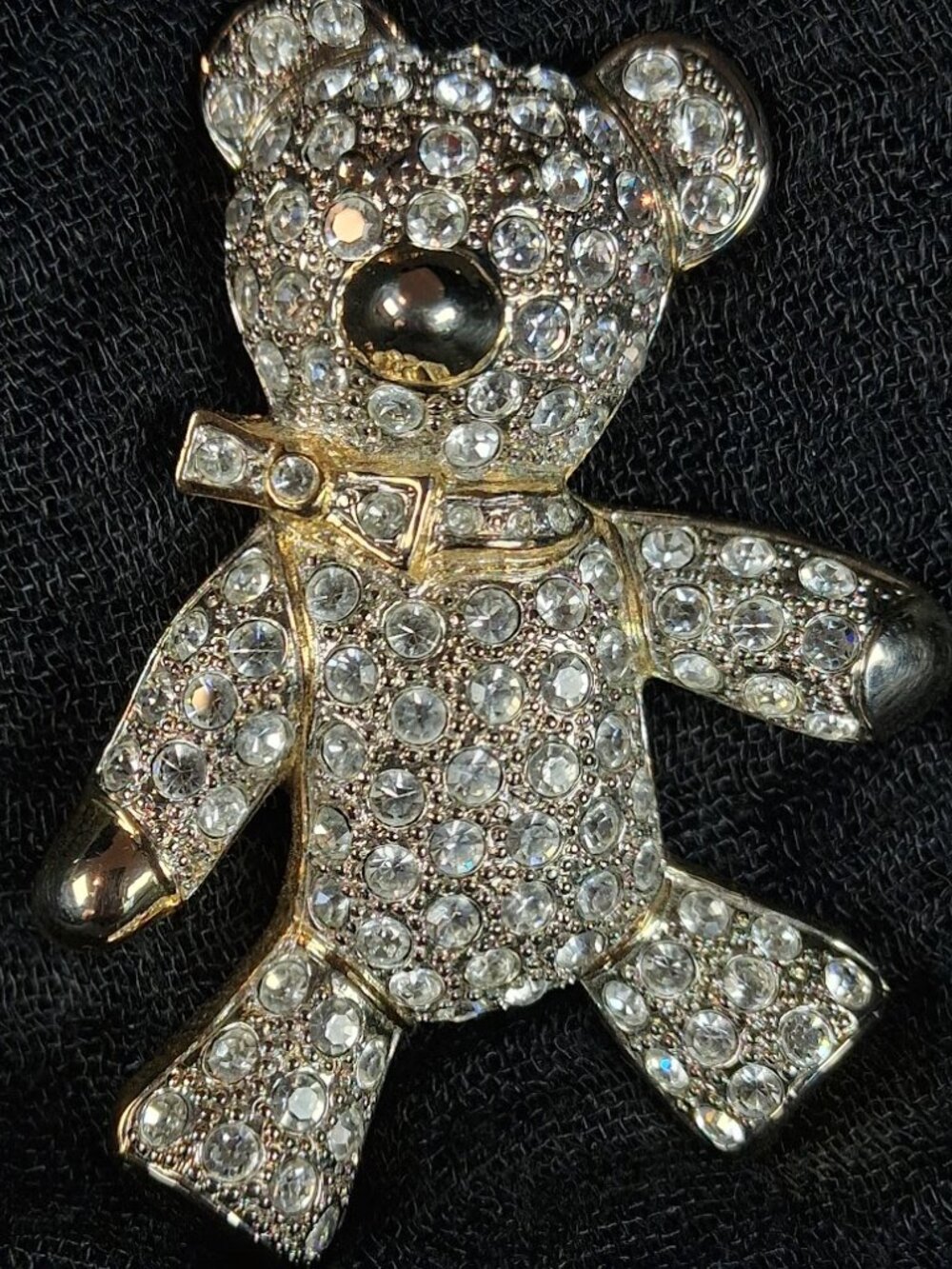 VTG Gold Pavé Rhinestone Teddy Bear Brooch Pin Clear Crystal Bling Statement